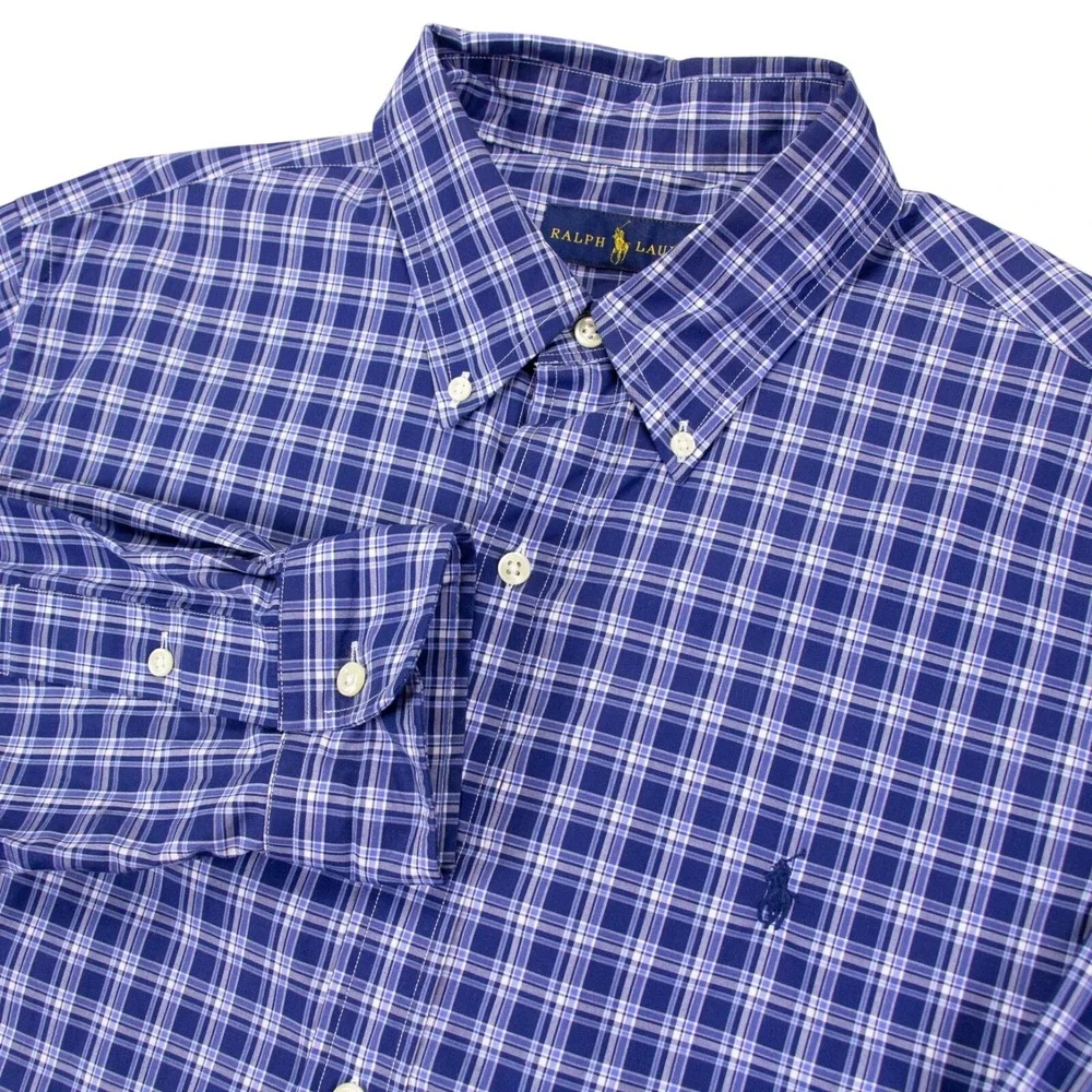 Polo Ralph Lauren Mens Large Blue White Plaid Check‎ LS Button Front Shirt